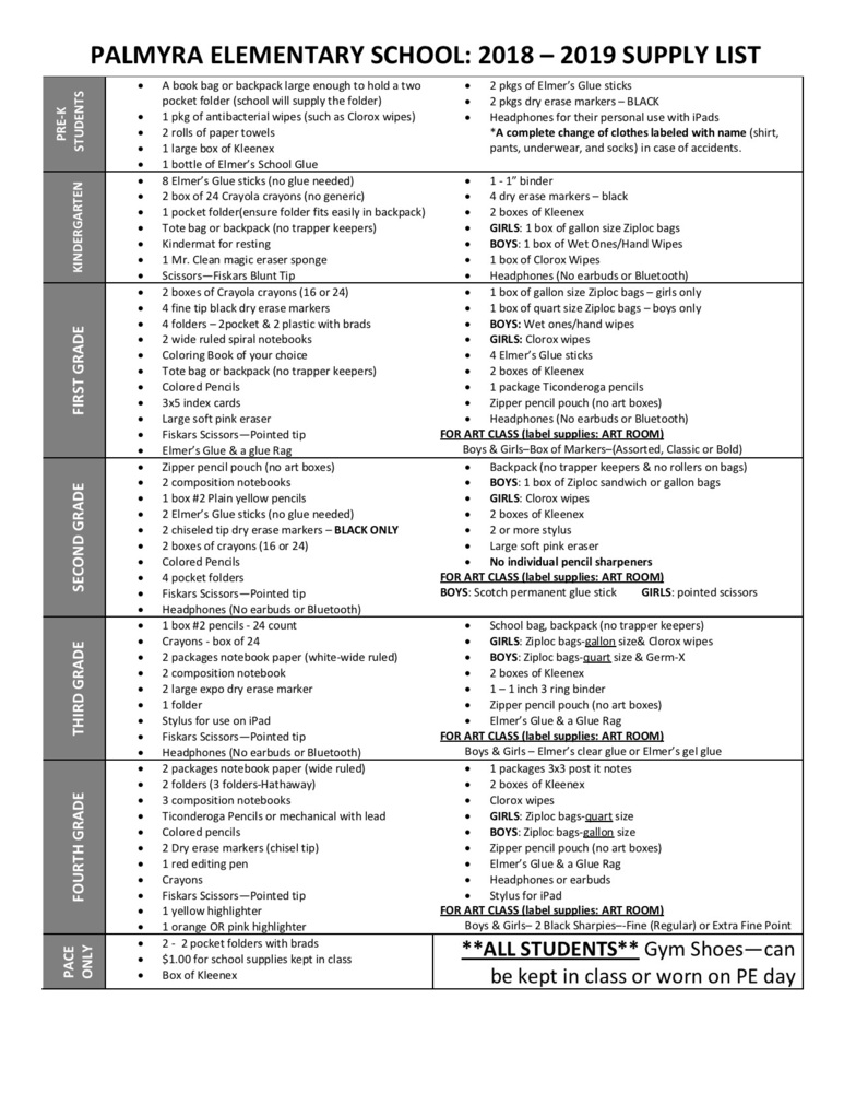 2018-2019 PES SCHOOL SUPPLY LIST