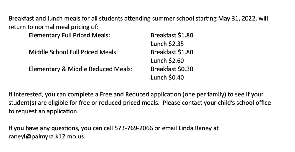Summer School Meal Pricing